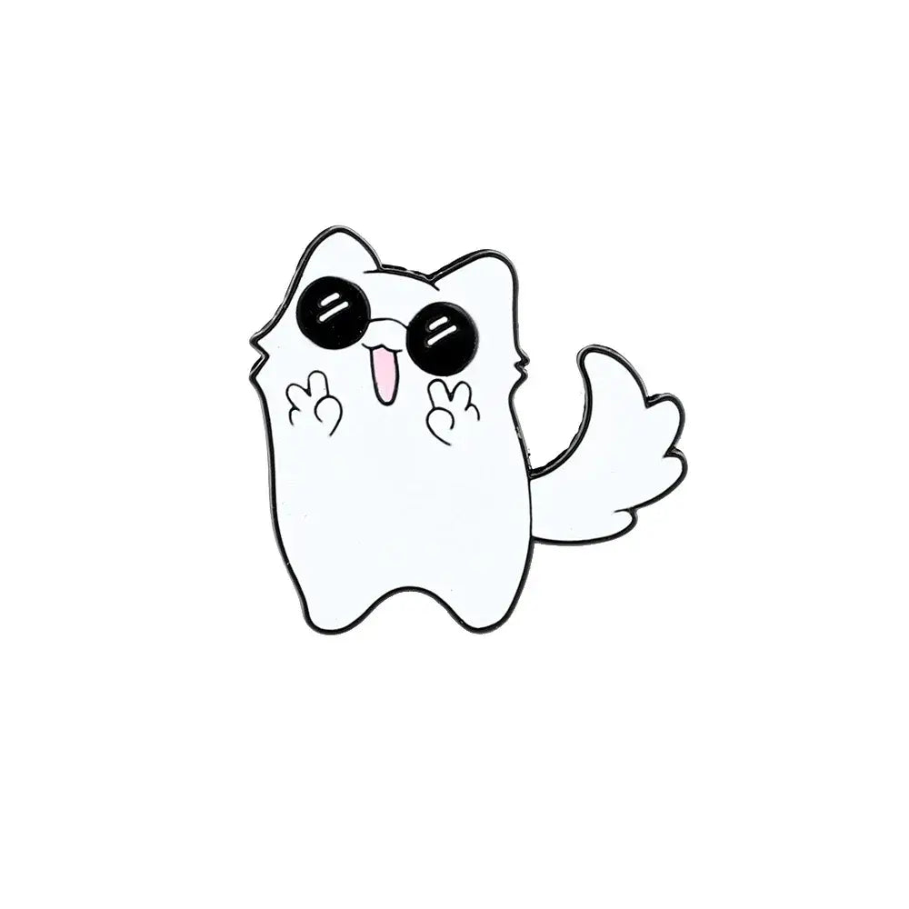 White cartoon cat enamel pin with black sunglasses and pink tongue metal brooch anime character accessory