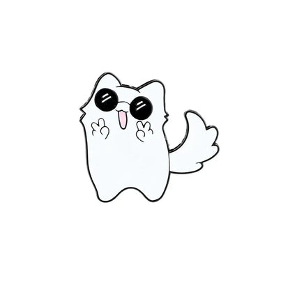 White cartoon cat enamel pin with black sunglasses and pink tongue metal brooch anime character accessory