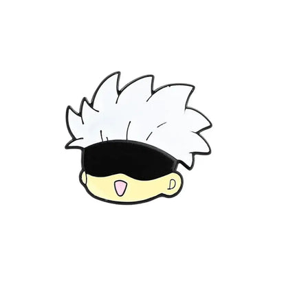 Anime character enamel pin featuring a stylized character with spiky white hair and black eye coverings metal brooch