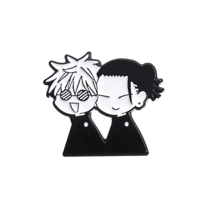 Black and white enamel pin featuring two anime characters with spiky hair and one wearing glasses metal brooch