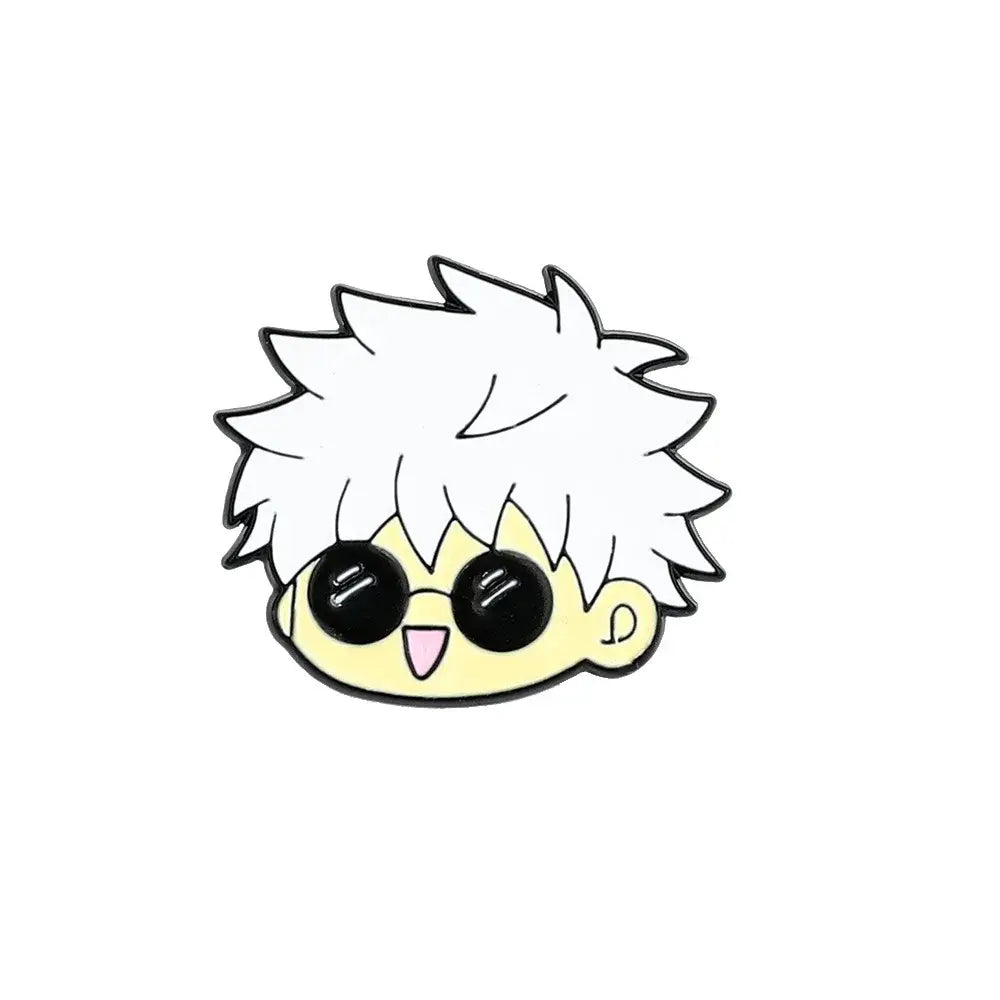Anime character enamel pin featuring a cute yellow cartoon with spiky white hair, black sunglasses, and pink tongue