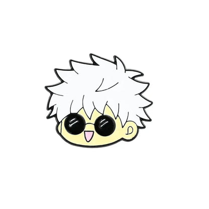 Anime character enamel pin featuring a cute yellow cartoon with spiky white hair, black sunglasses, and pink tongue