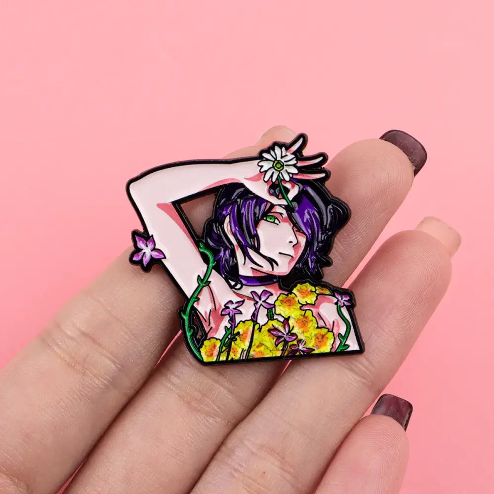 Colorful anime characters enamel pin with purple hair green eyes and vibrant flowers metal lapel badge