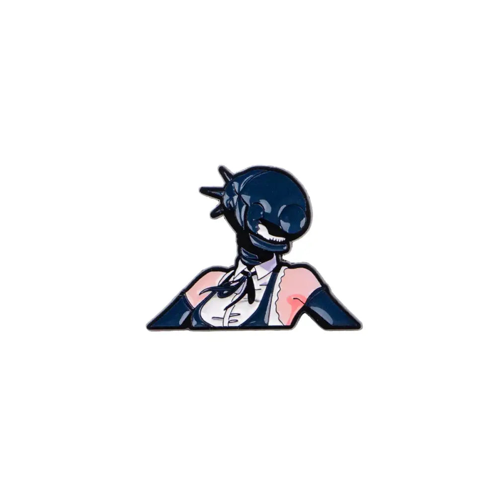 Dark blue enamel pin featuring a stylized anime characters enamel design with spiky helmet and white collar lapel badge