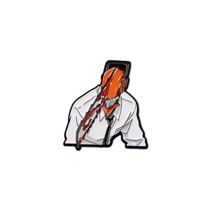 Orange chainsaw-headed anime characters enamel pin with white shirt and black tie metal lapel badge design