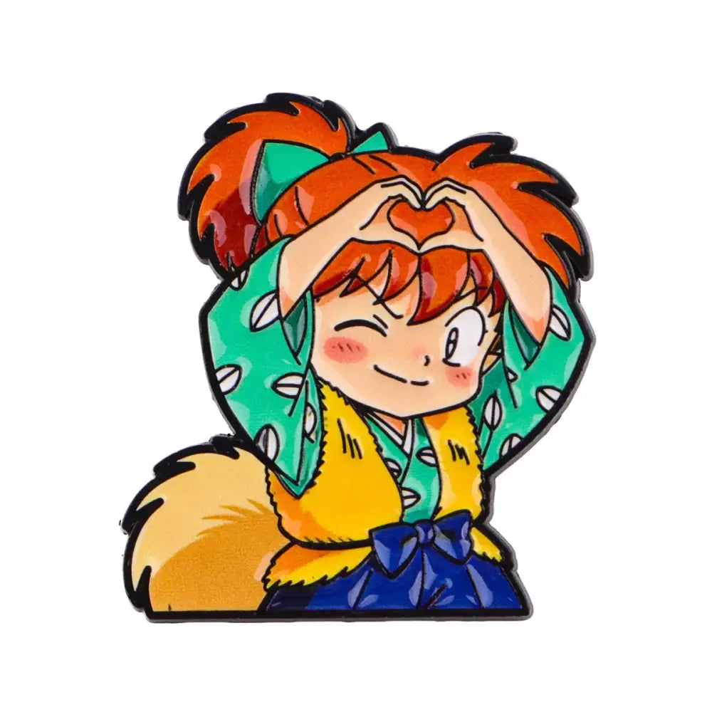 Colorful anime characters enamel pin featuring a cartoon with orange pigtails wearing green and yellow fur vest