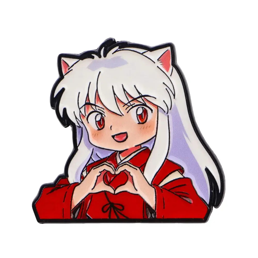 A glossy enamel pin of an anime characters enamel featuring a white-haired chibi girl in a red kimono making a heart sign