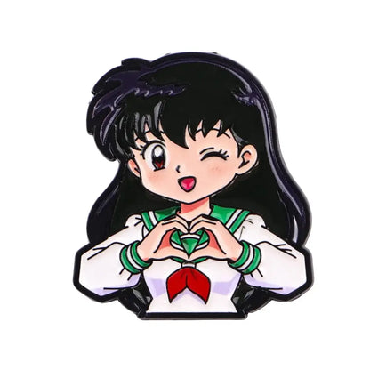Glossy enamel pin featuring a black-haired anime character in white and green school uniform making a heart sign