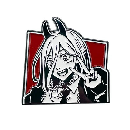 Black and white anime characters enamel pin featuring a devil horned character in a school uniform with peace sign
