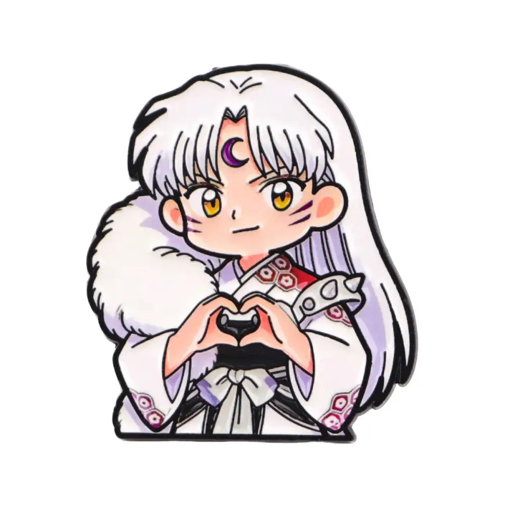 Chibi-style enamel pin of anime character with white hair, golden eyes, purple crescent moon, and red hexagonal outfit pattern