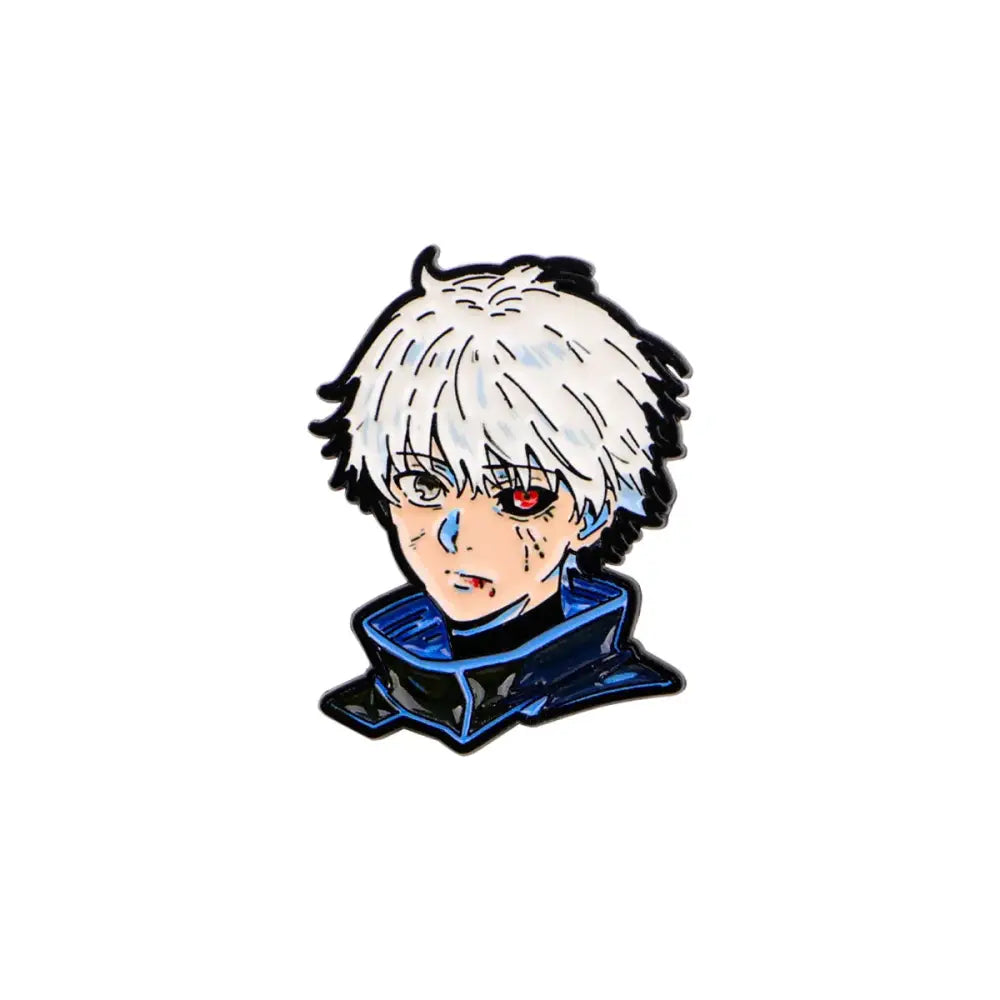 Glossy enamel pin featuring a stylized anime character with spiky white hair and dual-colored eyes in dark blue outfit