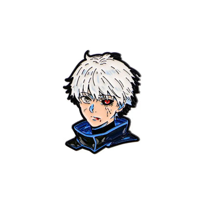Glossy enamel pin featuring a stylized anime character with spiky white hair and dual-colored eyes in dark blue outfit