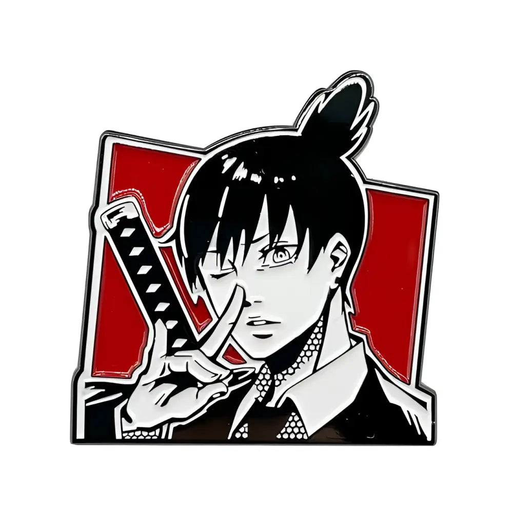 Black and white anime characters enamel pin with high ponytail katana design on red background metal lapel badge