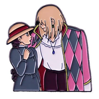 Colorful anime characters enamel pin featuring two howl’s moving castle figures in metal lapel badge design