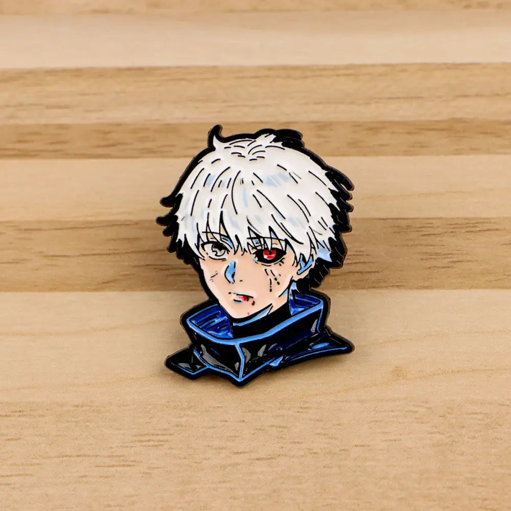 Glossy metal anime characters enamel pin featuring a white-haired character with one red eye and blue clothing