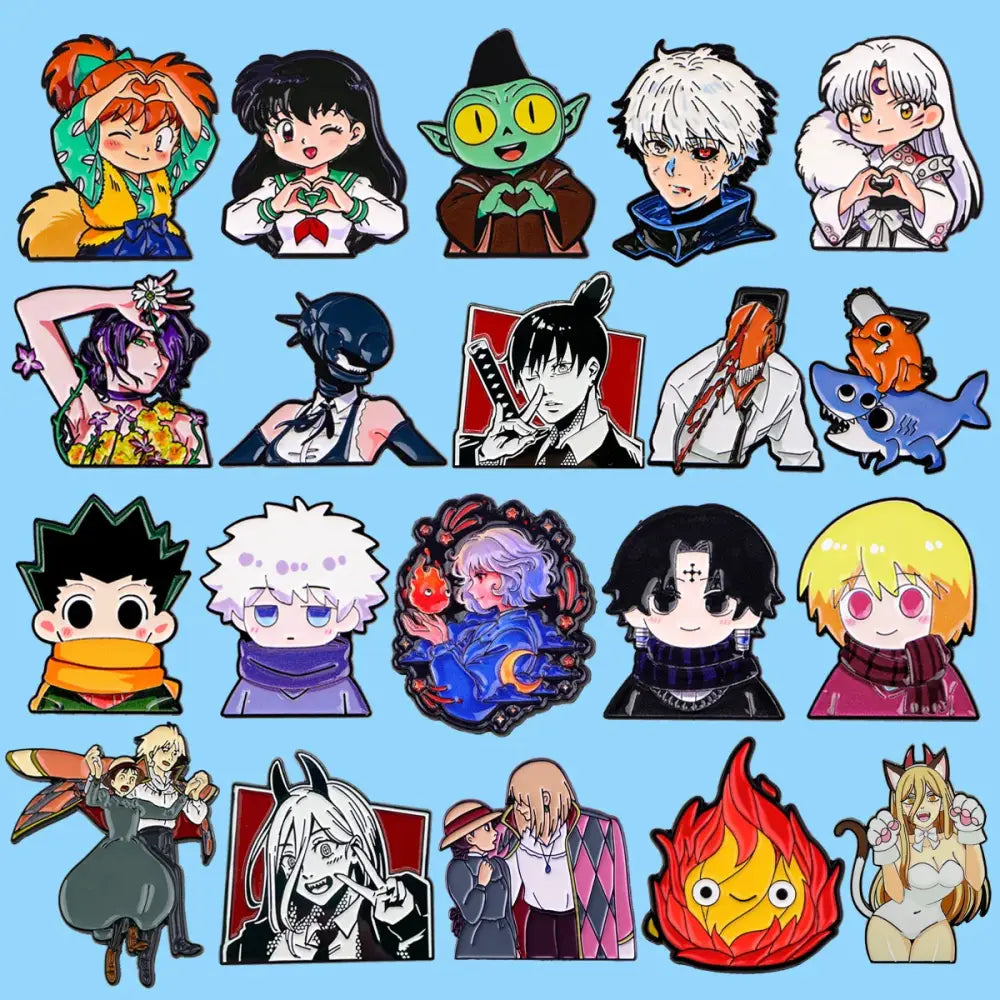 Collection of colorful anime characters enamel pin designs in metal enamel pin featuring cute heart sign lapel badges
