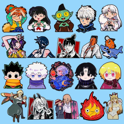 Collection of colorful anime characters enamel pin designs in metal enamel pin featuring cute heart sign lapel badges