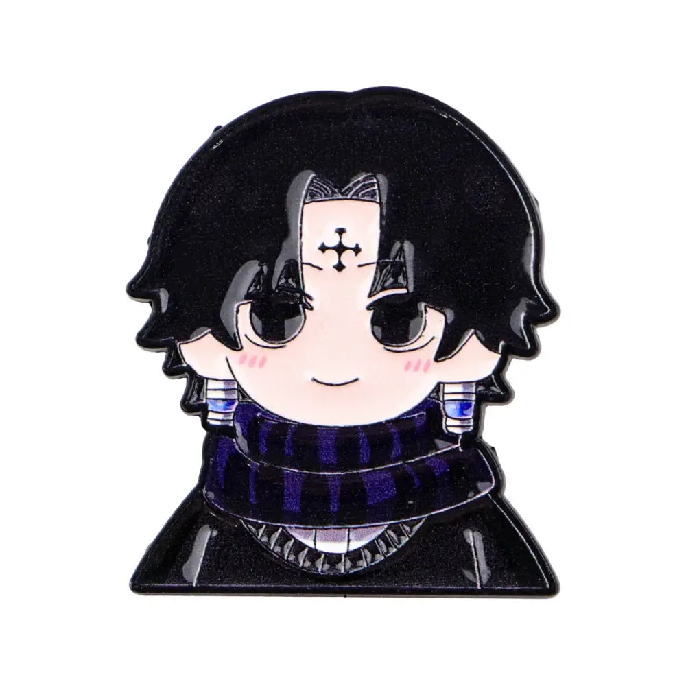 Black enamel anime characters enamel pin with chibi character, cross mark, and dark blue striped scarf metal lapel badge