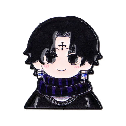 Black enamel anime characters enamel pin with chibi character, cross mark, and dark blue striped scarf metal lapel badge