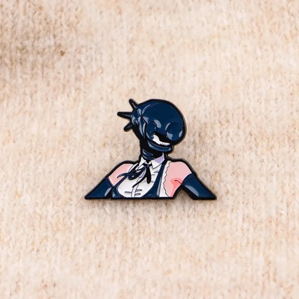 Dark blue anime characters enamel pin with spiky head character, white collar, pink sleeves, metal lapel badge