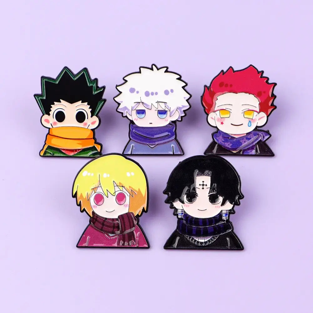 Set of five chibi-style anime characters enamel pins with colored hair and scarves metal lapel badges