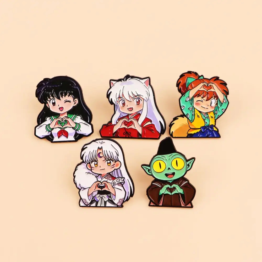 Set of five colorful anime characters enamel pins in cute heart-shaped poses metal lapel badges