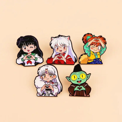 Set of five colorful anime characters enamel pins in cute heart-shaped poses metal lapel badges