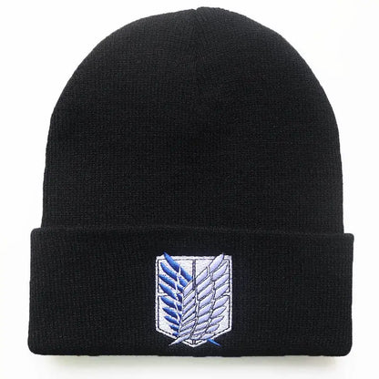Black knit acrylic blend anime cosplay beanie with embroidered blue and white wings crest one-size fit 55–60cm