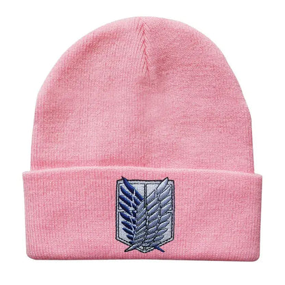 Pink knit acrylic blend cosplay beanie with embroidered survey corps emblem one-size fit 55–60cm winter hat