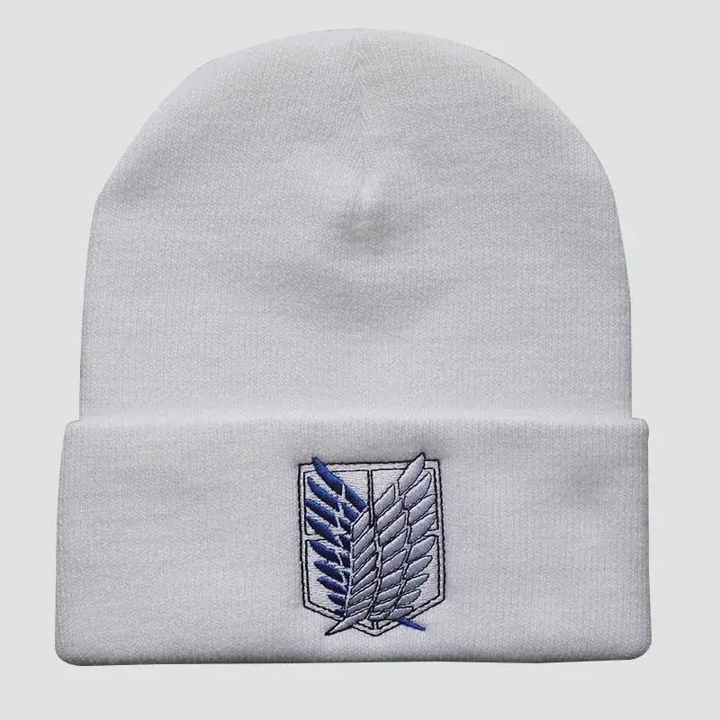 White knit acrylic blend anime cosplay beanie with embroidered blue and gray shield wings emblem one size fit 55–60cm