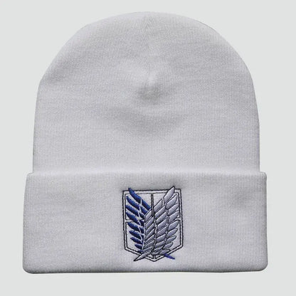 White knit acrylic blend anime cosplay beanie with embroidered blue and gray shield wings emblem one size fit 55–60cm