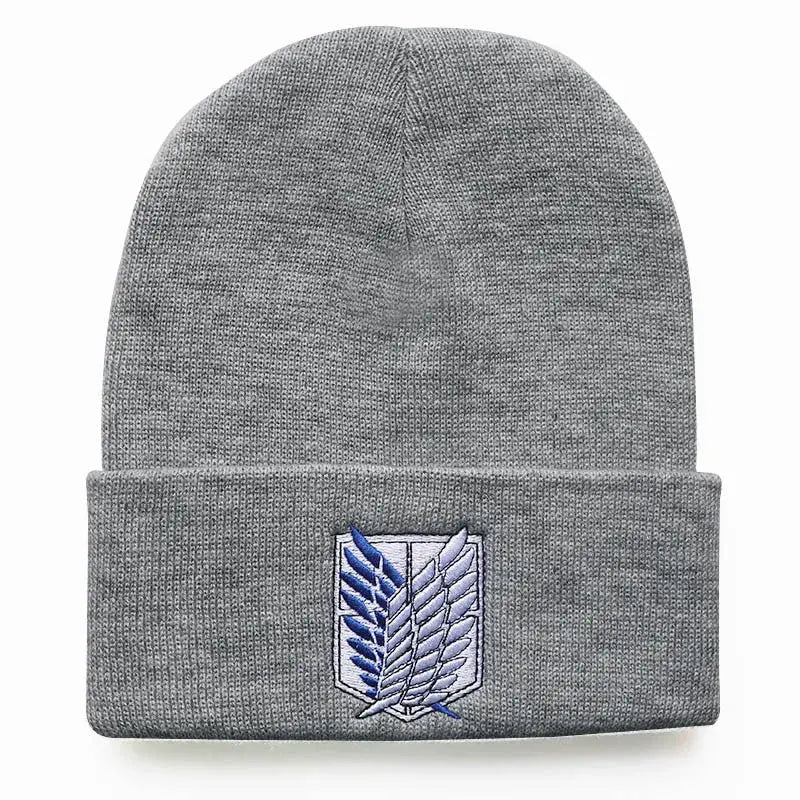 Gray knit acrylic blend anime cosplay beanie with embroidered blue and white emblem on folded cuff one-size fit 55–60cm