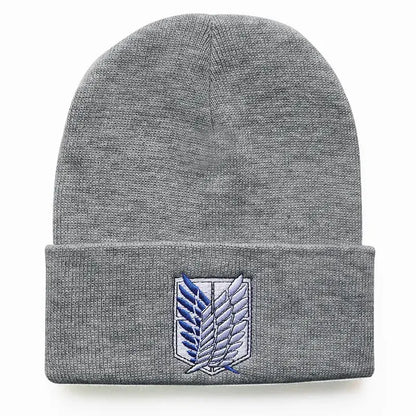 Gray knit acrylic blend anime cosplay beanie with embroidered blue and white emblem on folded cuff one-size fit 55–60cm