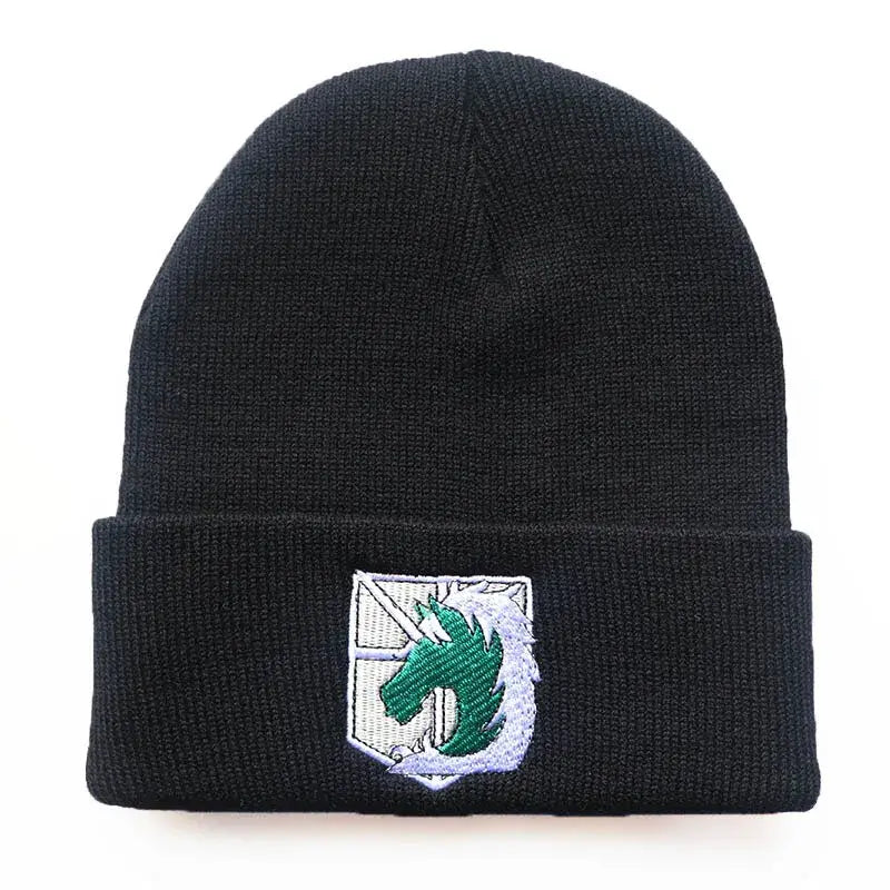 Black knit acrylic blend anime cosplay beanie with green and white horse emblem one-size fit 55–60cm winter hat