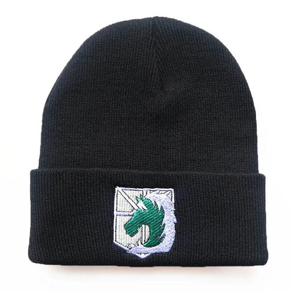 Black knit acrylic blend anime cosplay beanie with green and white horse emblem one-size fit 55–60cm winter hat