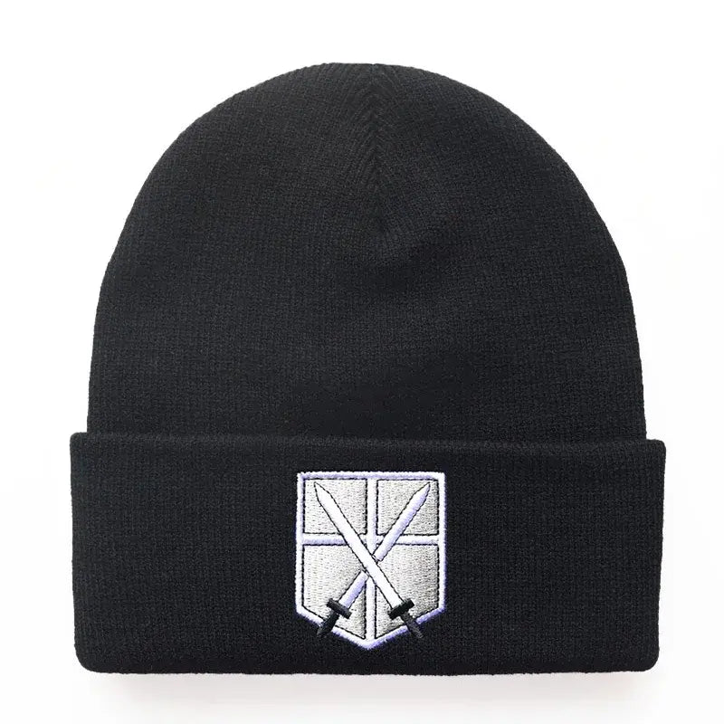 Black knit acrylic blend anime cosplay beanie with silver and white embroidered shield and crossed swords one-size fit 55–60cm