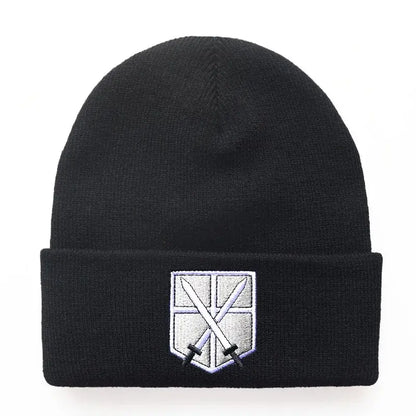 Black knit acrylic blend anime cosplay beanie with silver and white embroidered shield and crossed swords one-size fit 55–60cm