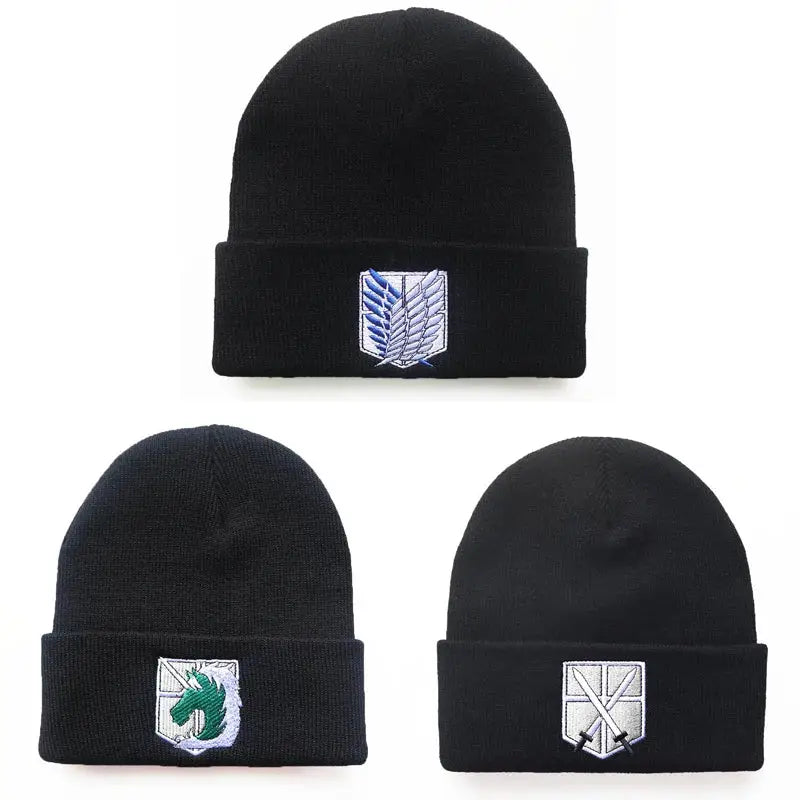 Black knit acrylic blend beanie with attack on titan blue green and silver embroidered insignia one-size fit 55–60cm