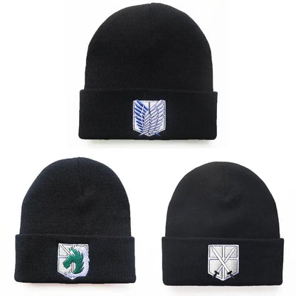 Black knit acrylic blend beanie with attack on titan blue green and silver embroidered insignia one-size fit 55–60cm