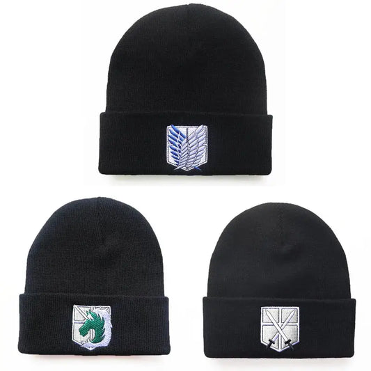 Black knit acrylic blend beanie with attack on titan blue green and silver embroidered insignia one-size fit 55–60cm