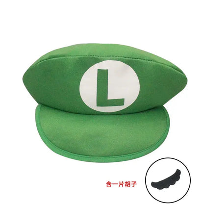 Green plush luigi cosplay hat with white circular emblem and green l for kids and adults