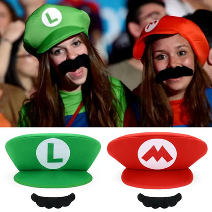 Anime cosplay hat set with green and red mario and luigi style caps and matching mustaches for kids and adults