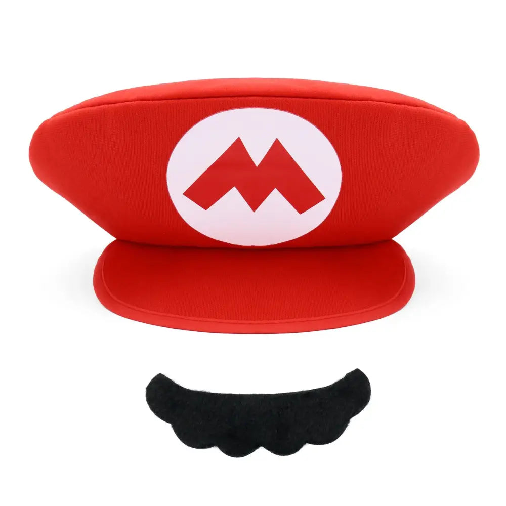 Red plush cosplay hat featuring a white emblem with a red m and black mustache accessory for kids and adults