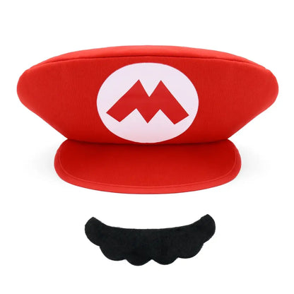 Red plush cosplay hat featuring a white emblem with a red m and black mustache accessory for kids and adults