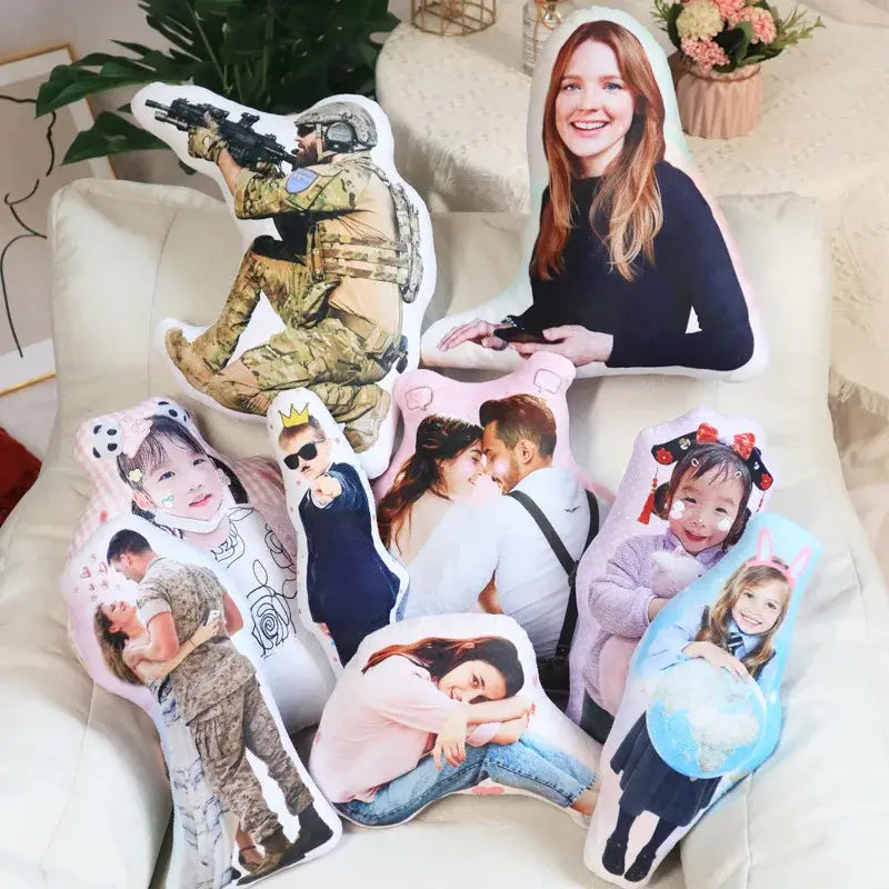 Custom couple anime body pillow featuring personalized photo-shaped plush cushions with printed images of people