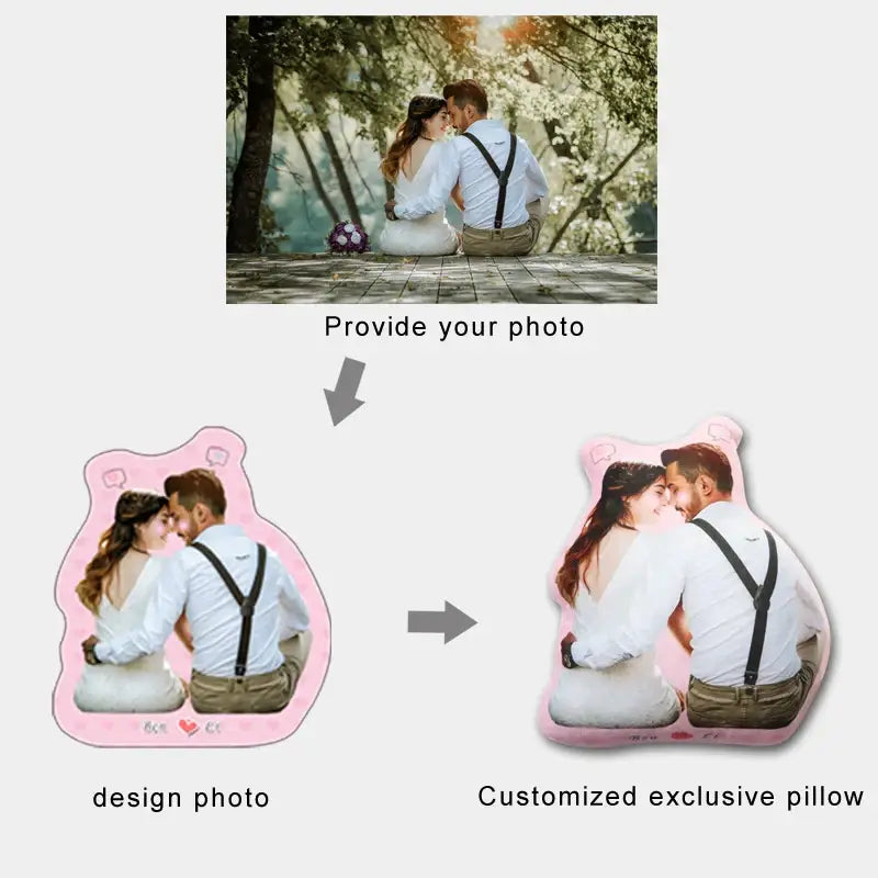 Pink bear-shaped anime custom couple body pillow with personalized photo printed on soft fabric cushion surface