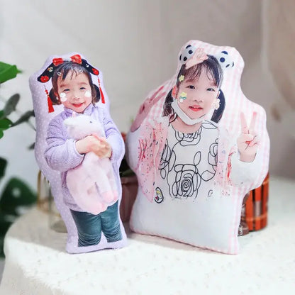 Two personalized photo custom couple body pillows featuring a child in purple and a girl in pink checkered attire