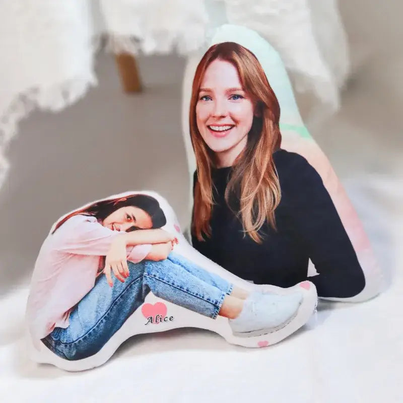 Custom couple anime body pillow featuring a personalized photo of a smiling woman named alice with pink heart detail