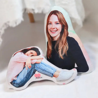 Custom couple anime body pillow featuring a personalized photo of a smiling woman named alice with pink heart detail