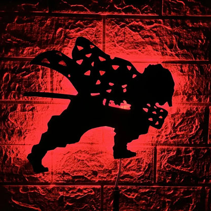 Black silhouette ninja wall lamp with intricate cut-out patterns illuminated by red led backlighting for anime decor